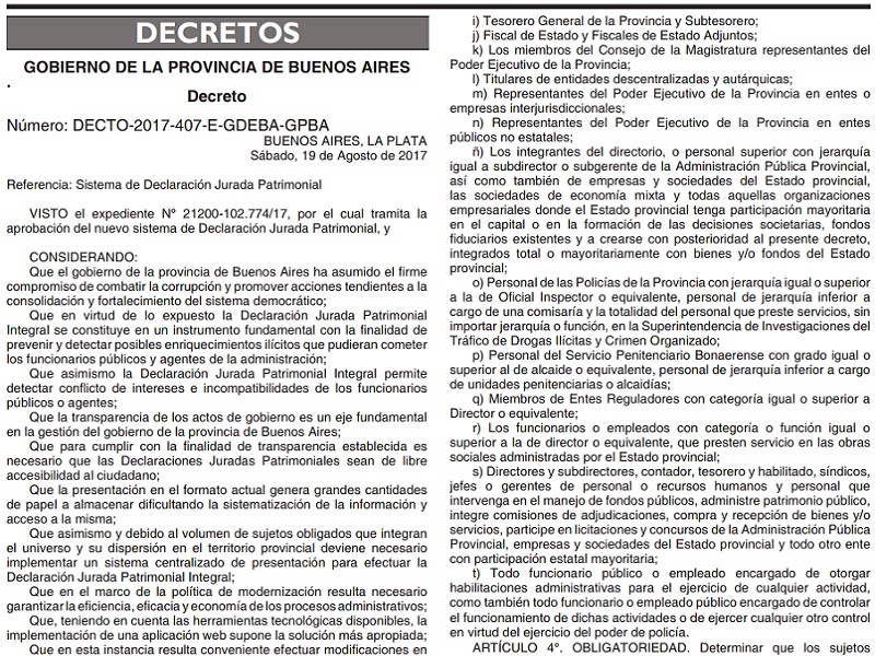 Vidal aprobó el decreto que obliga a los funcionarios a entregar la declaración jurada de sus bienes