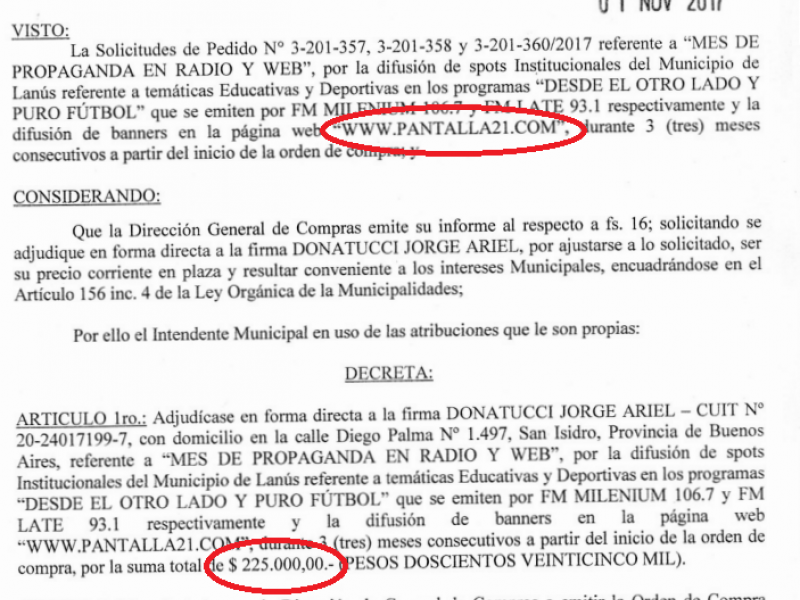 Lanús: Grindetti paga 225 mil pesos a un funcionario de Larreta por publicidad en un portal trucho